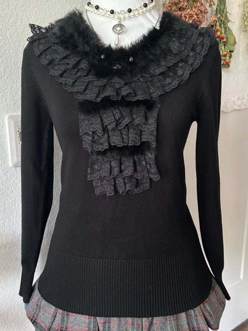 Black Goth Long Sleeve Sweater With Intricate Lace Ruffles